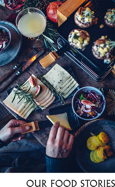 Le Rustique, Subko&co client, three types of cheese on a wooden board surrounded by beverages, cripsy potatoes and figs as a part of influencer campaign