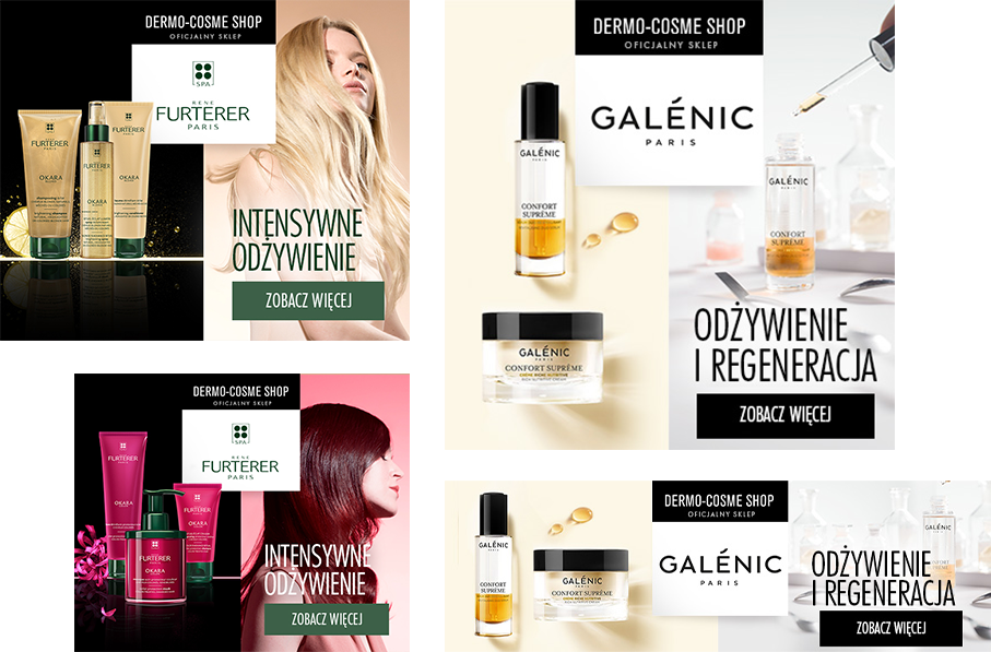 Subko&co client, Pierre Fabre product campaign banners of Galenic face care and Furterer hair product lines