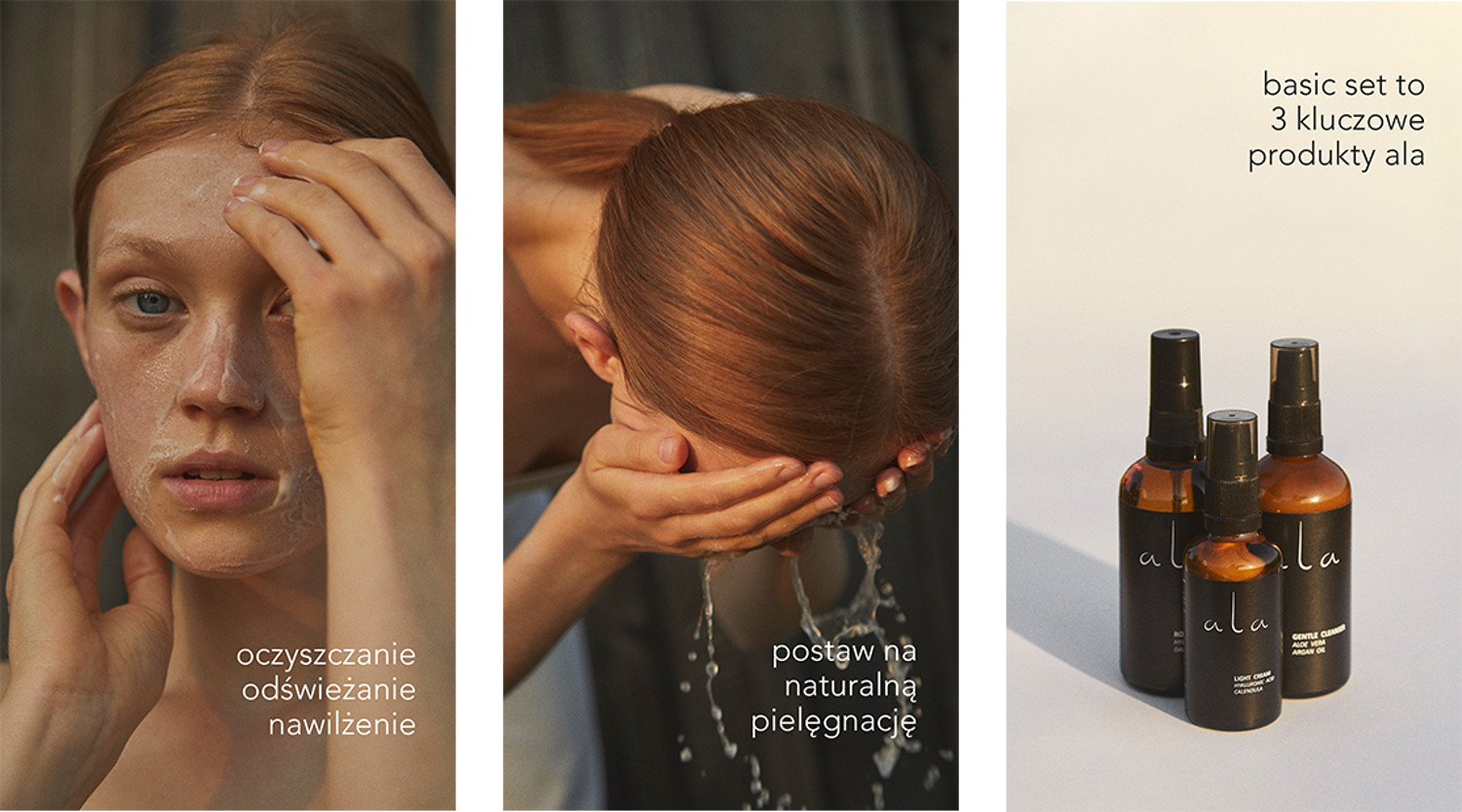 Subko&co client, Ala's basic set product campaign with a girl washing her face and applying a cream 