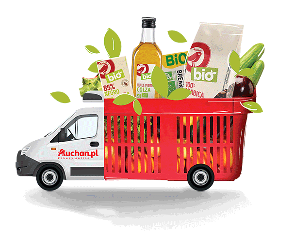 Subko&co client, Auchan.pl, home delivery campaign - shopping basket, wooden box and refrigerator as a truck