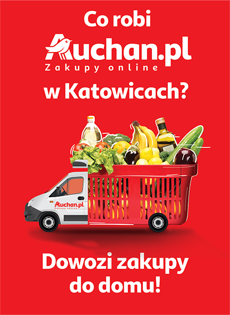 Subko&co client, Auchan.pl, banner with shopping basket as a truck being a part of home delivery campaign in Katowice